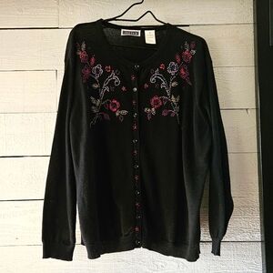 ERIKA II & Co. Black Embroidered  Cardigan. Each button has embedded rhinestone.